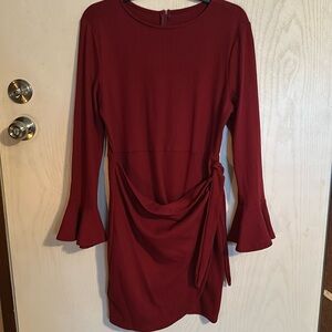 Women’s burgundy bell sleeve wrap front dress. Size L. Wedding guest.